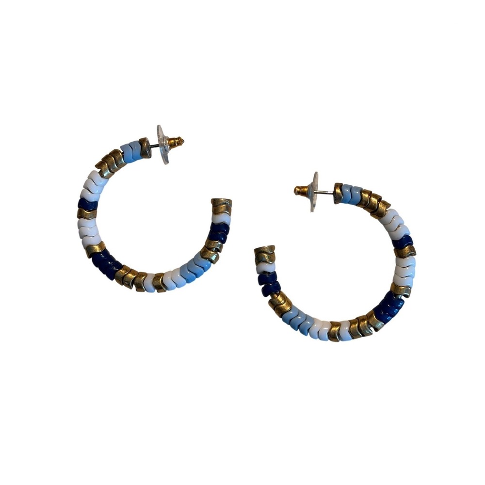 J Crew Boho Cottage Coastal Beaded Chevron Hoop Earrings Blue White Gold Summer